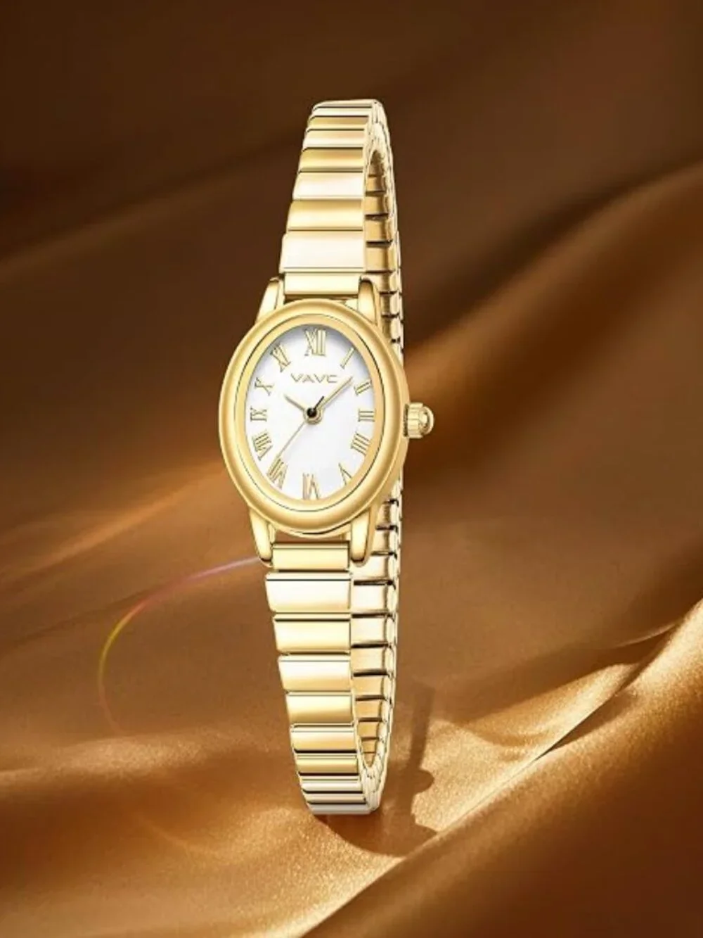Women’s Gold Oval Watch Roman Dial Stainless Steel Expansion Band